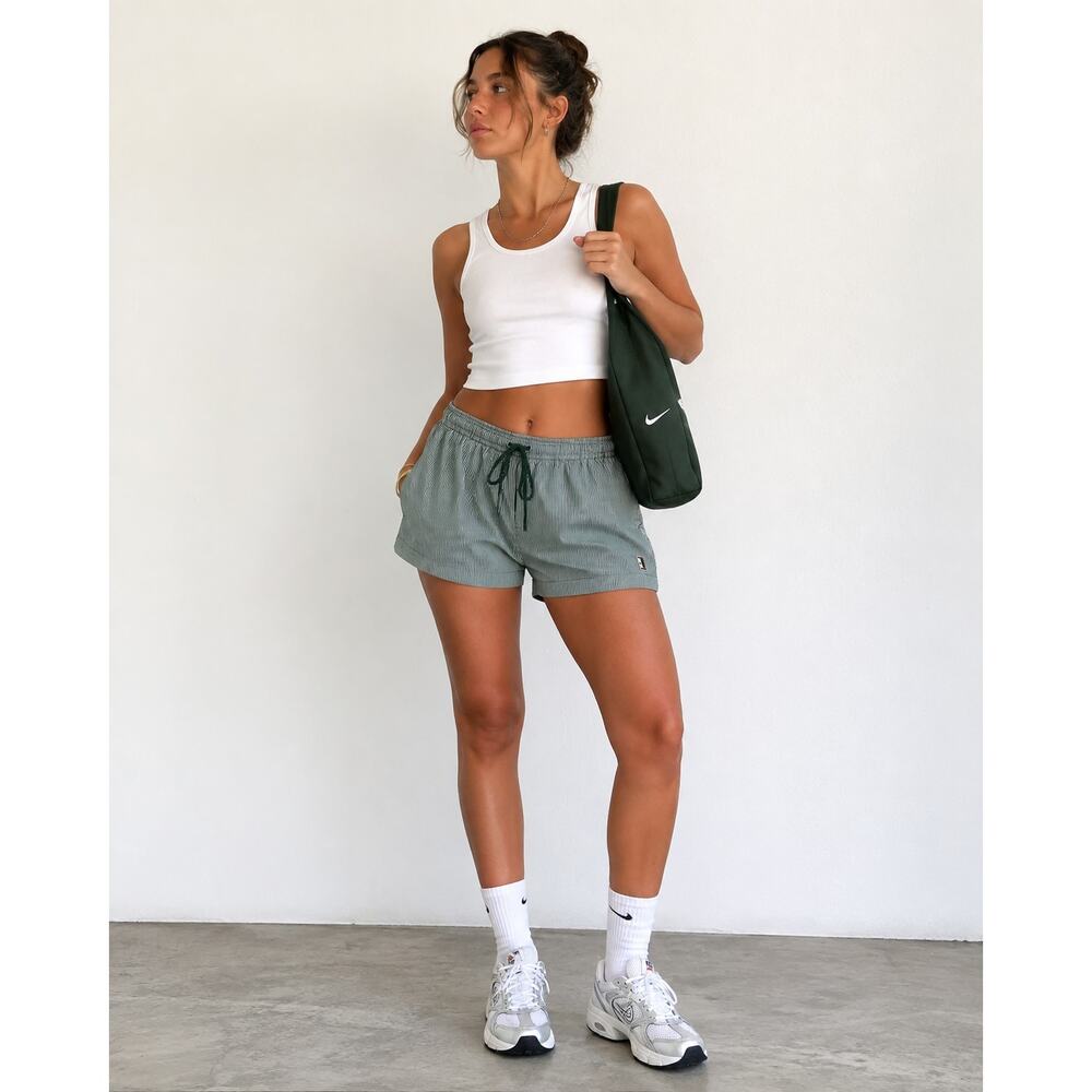 Vintage Nike Green Pinstripe Swim Shorts Logo Patch 90s Y2K L 12/14